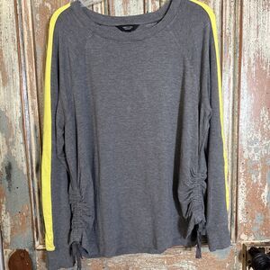 Simply Vera Gray Sweater Yellow Stripe Down LongSleeves Drawstring Side Seams XL